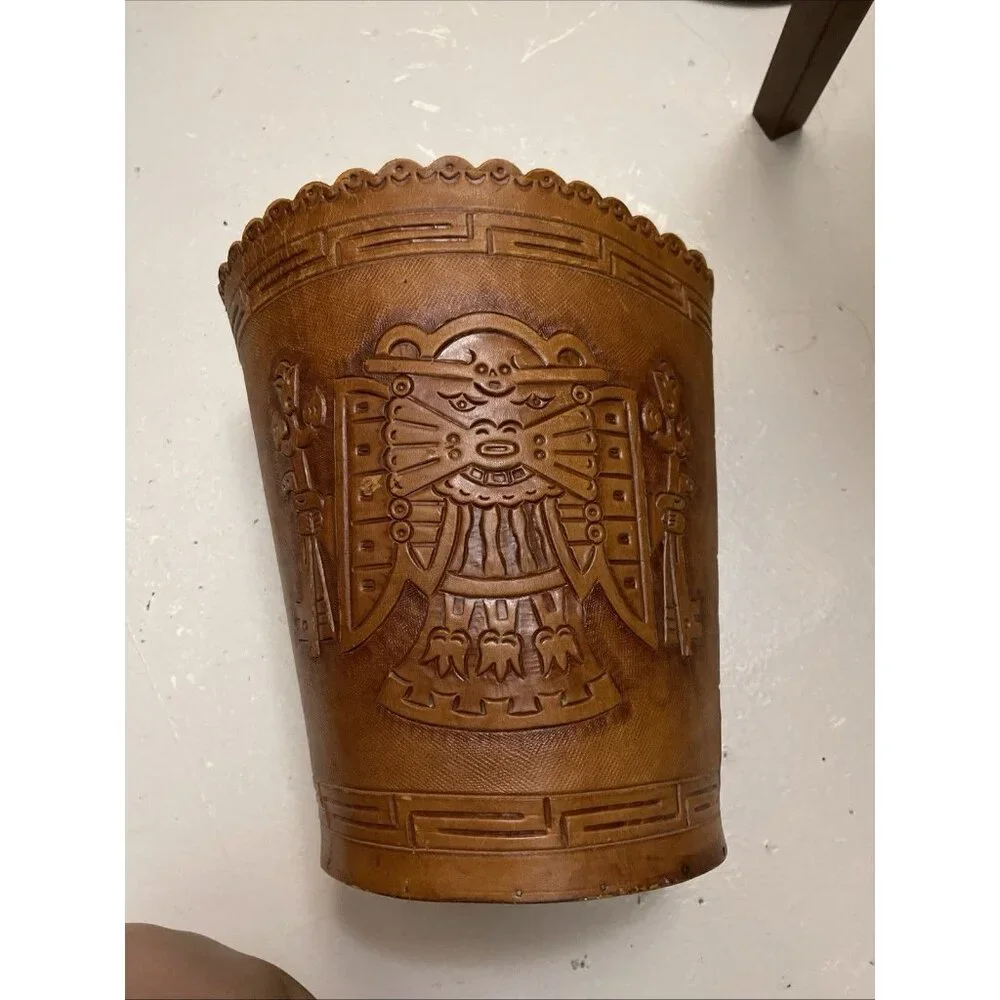 Embossed Leather Basket Hand Tooled Aztec Tribal Plywood Bottom Decor Western